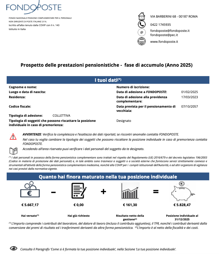 Prospetto delle prestazioni pensionistiche - Fase di Accumulo